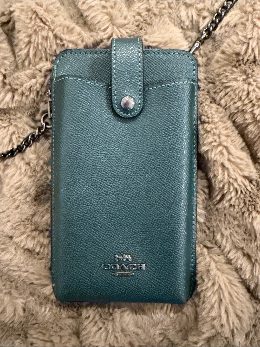 Coach Teal Green Leather Crossbody Phone Pouch with Chain Strap